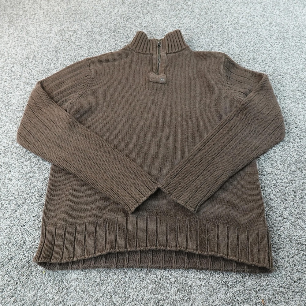 VTG Polo Ralph Lauren Sweater Mens M Brown 1/4 Zip Mock Neck Knit Pullover Logo